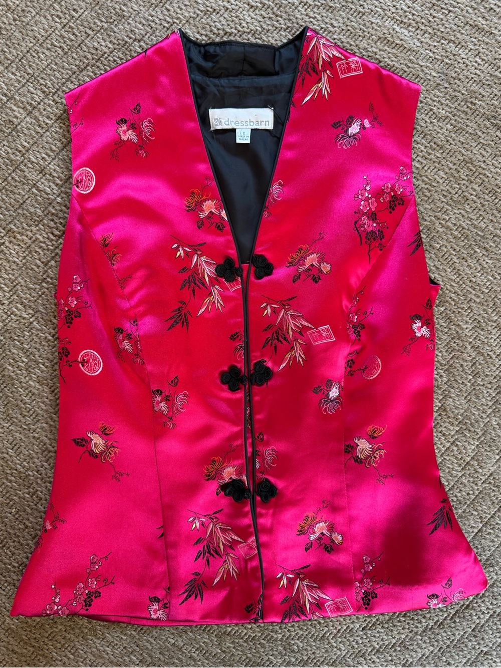 Vintage Dressbarn fuchsia pink satin Chinese vest v-neck frog knot buttons small - Picture 6 of 16